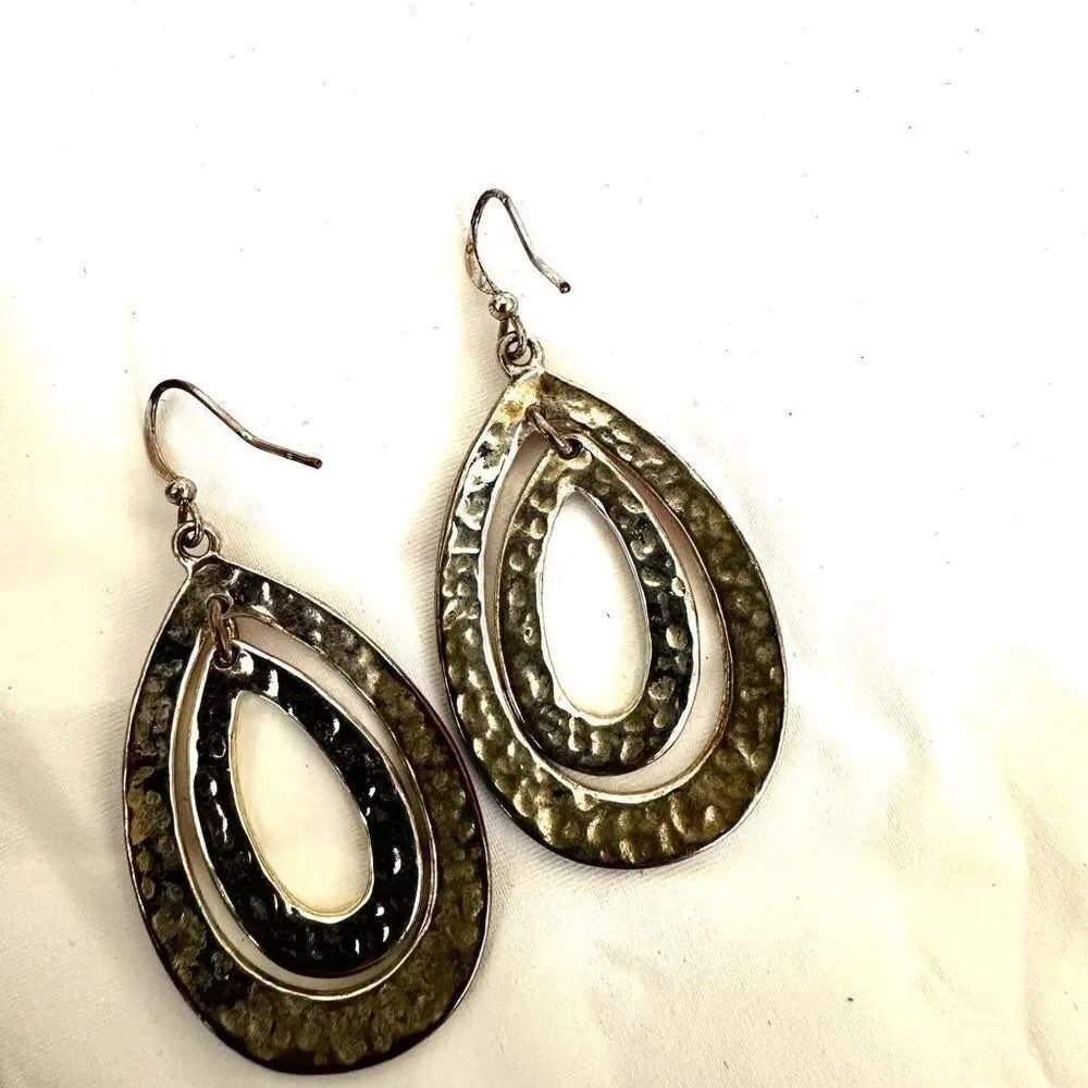 Pink and silver tone double teardrop earrings
